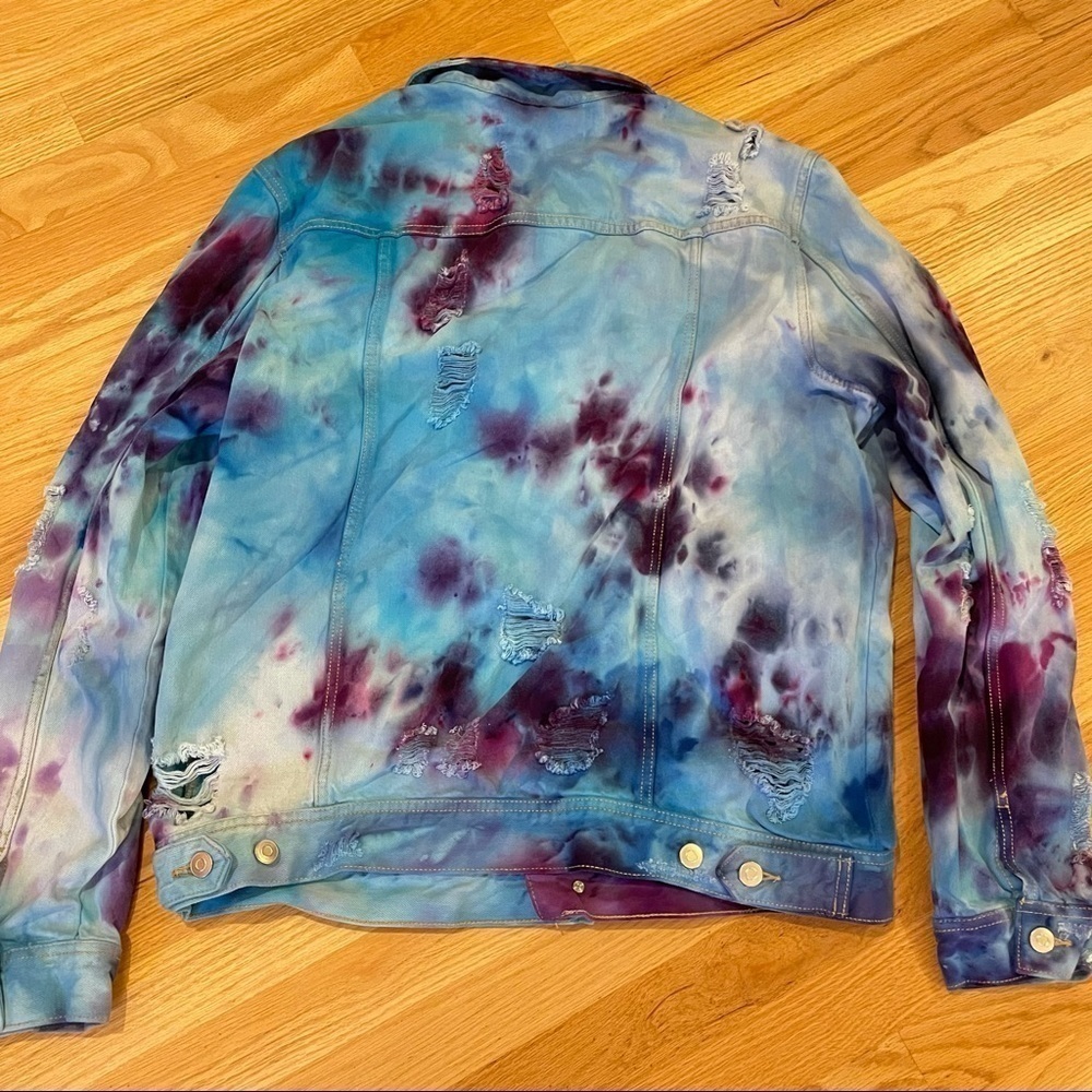 Tie dyed jean jacket distressed blue purple galaxy underwater size L - Picture 6 of 12